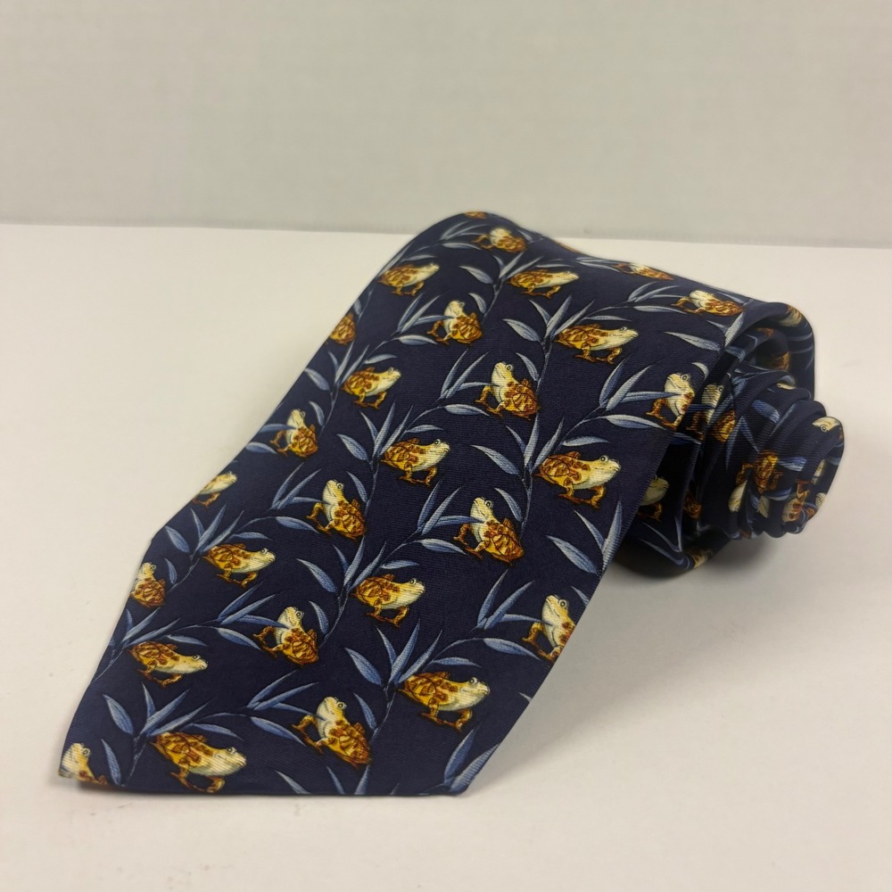 Tiffany & Co Necktie Mens OS Navy Blue Frog Bamboo Silk Italy Luxury